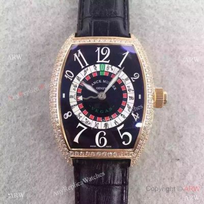 Franck Muller Vegas Replica watch Rose Gold Black Leather strap